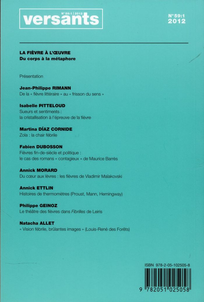 Quatrième de couverture de « REVUE VERSANTS N 59/1. FASCICULE FRANCAIS. »