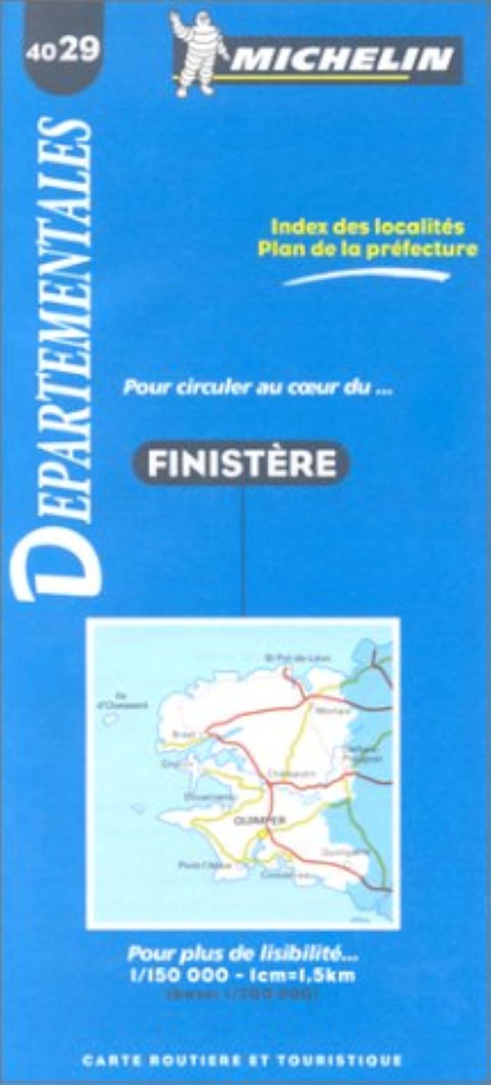 Couverture du livre « 4029: CARTES DEPARTEMENTALES ; FINISTERE AU 1/150000 » de Michelin, librairie Les Contes Infusés à Corte