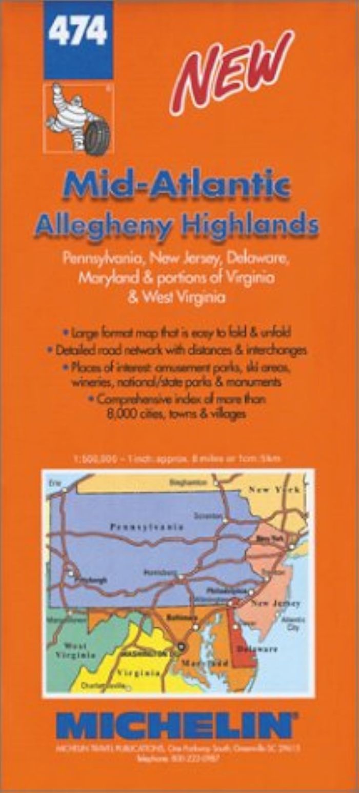 Couverture du livre « 474: CARTES REGIONALES ; MIDATLANTIC, ALLEGHENY HIGHLANDS AU 1/500000 » de Michelin, librairie Les Contes Infusés à Corte