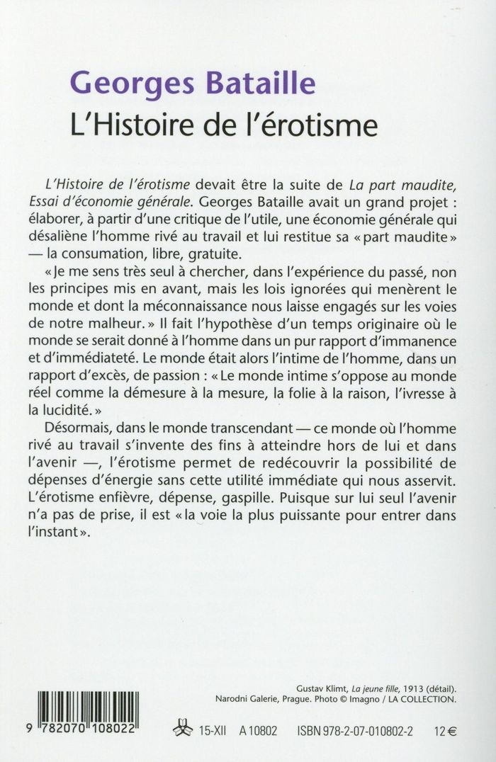 Quatrième de couverture de « LA PART MAUDITE - II - L'HISTOIRE DE L'EROTISME »