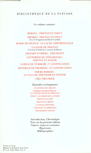 Quatrième de couverture de « TRISTAN ET YSEUT - LES PREMIERES VERSIONS EUROPEENNES »