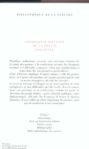 Quatrième de couverture de « ANTHOLOGIE BILINGUE DE LA POESIE ITALIENNE »