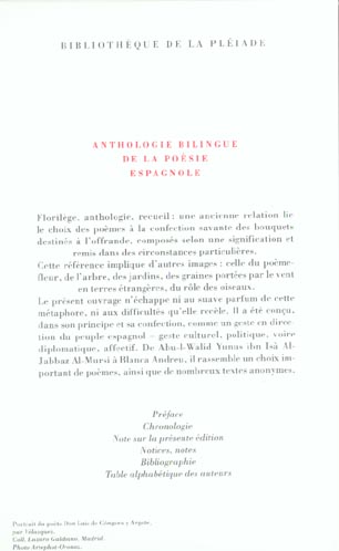Quatrième de couverture de « ANTHOLOGIE BILINGUE DE LA POESIE ESPAGNOLE »