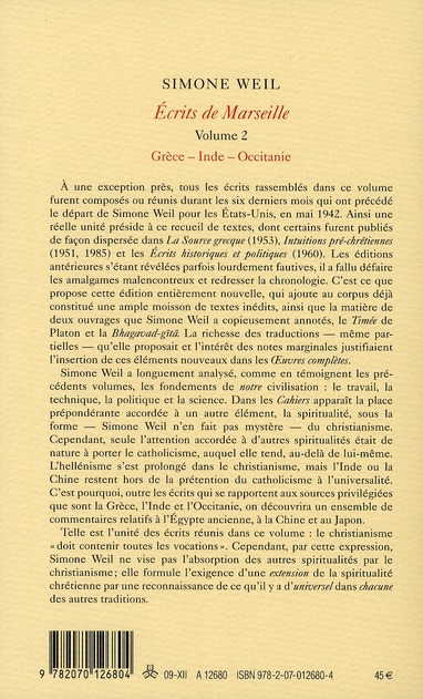 Quatrième de couverture de « OEUVRES COMPLETES - VOL04 - ECRITS DE MARSEILLE (1941-1942) 2 »