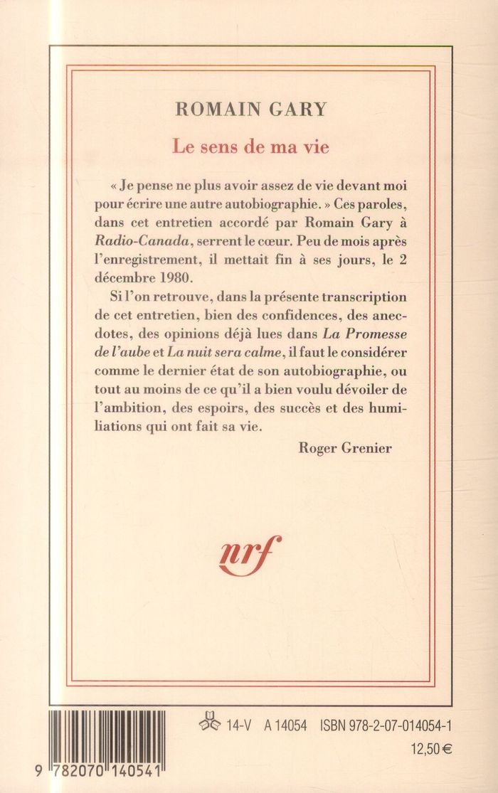 Quatrième de couverture de « Le sens de ma vie : entretien »
