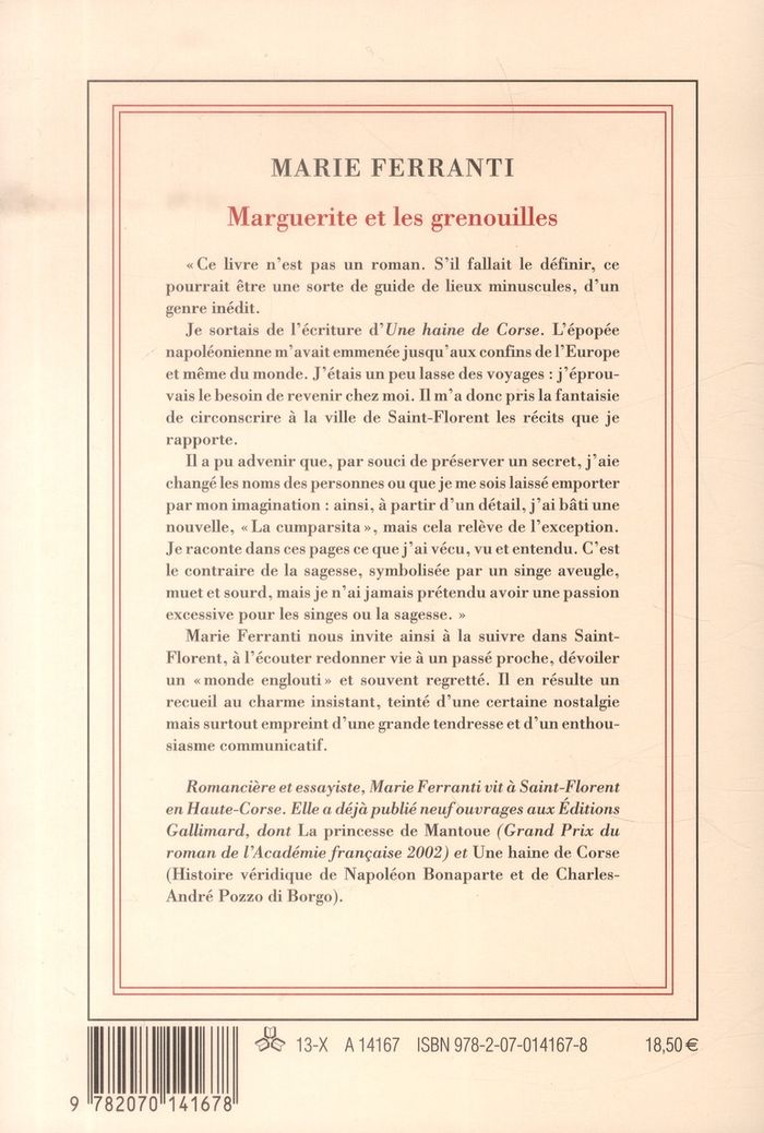 Quatrième de couverture de « Marguerite et les grenouilles : chroniques, portraits et autres histoires de Saint-Florent »