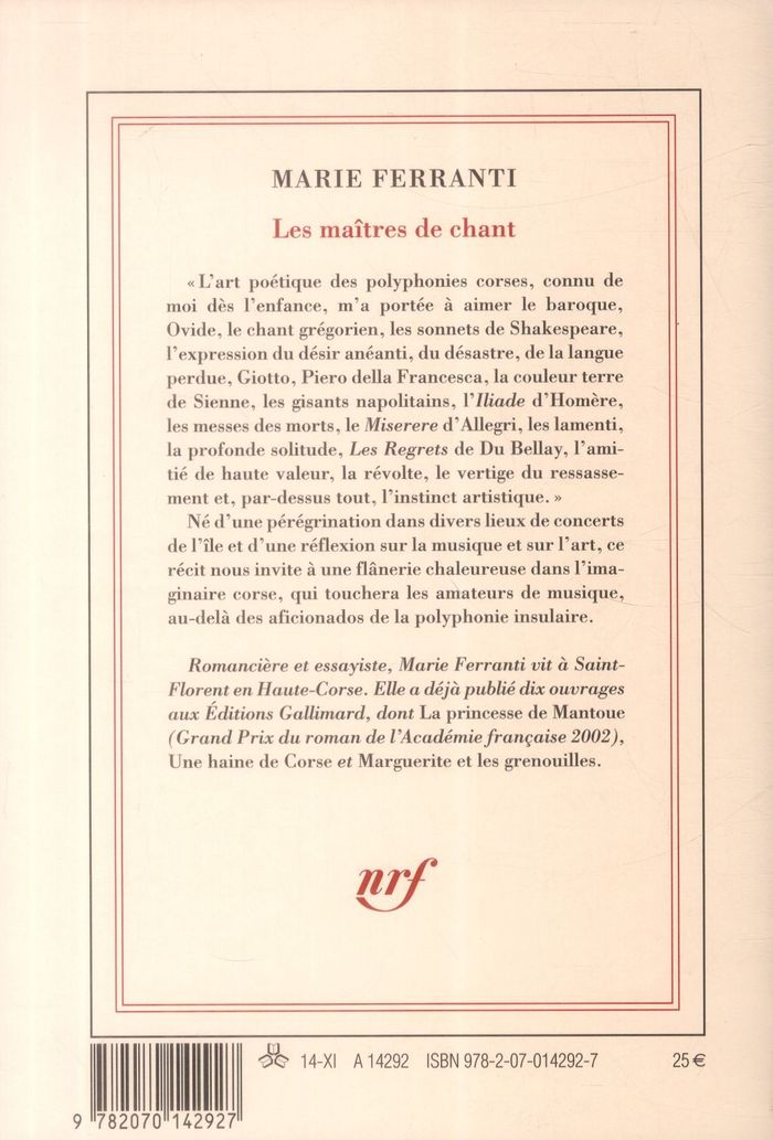 Quatrième de couverture de « Les maîtres de chant : récit »