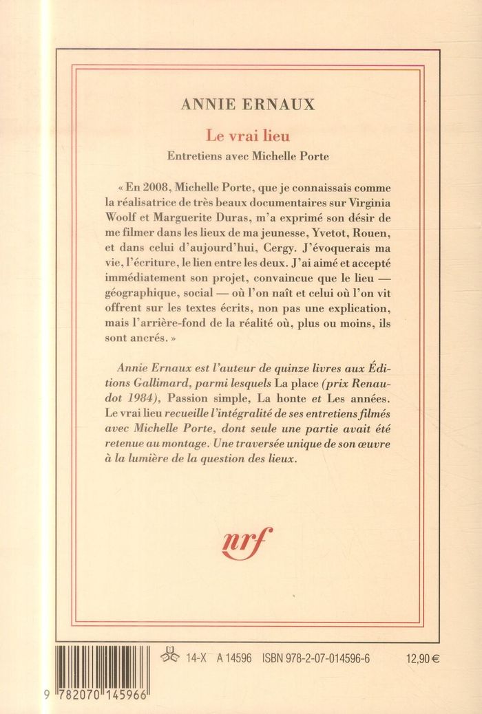 Quatrième de couverture de « Le vrai lieu : entretiens avec Michelle Porte »