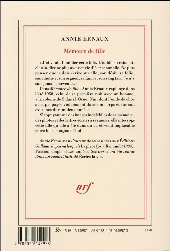 Quatrième de couverture de « Mémoire de fille »