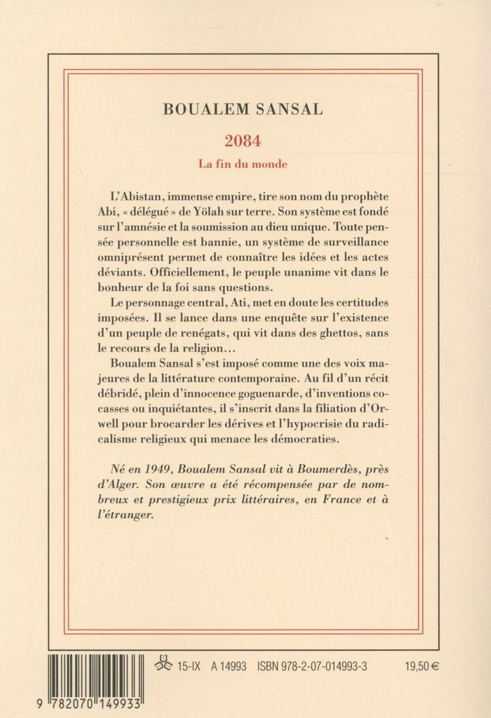 Quatrième de couverture de « 2084 : la fin du monde »