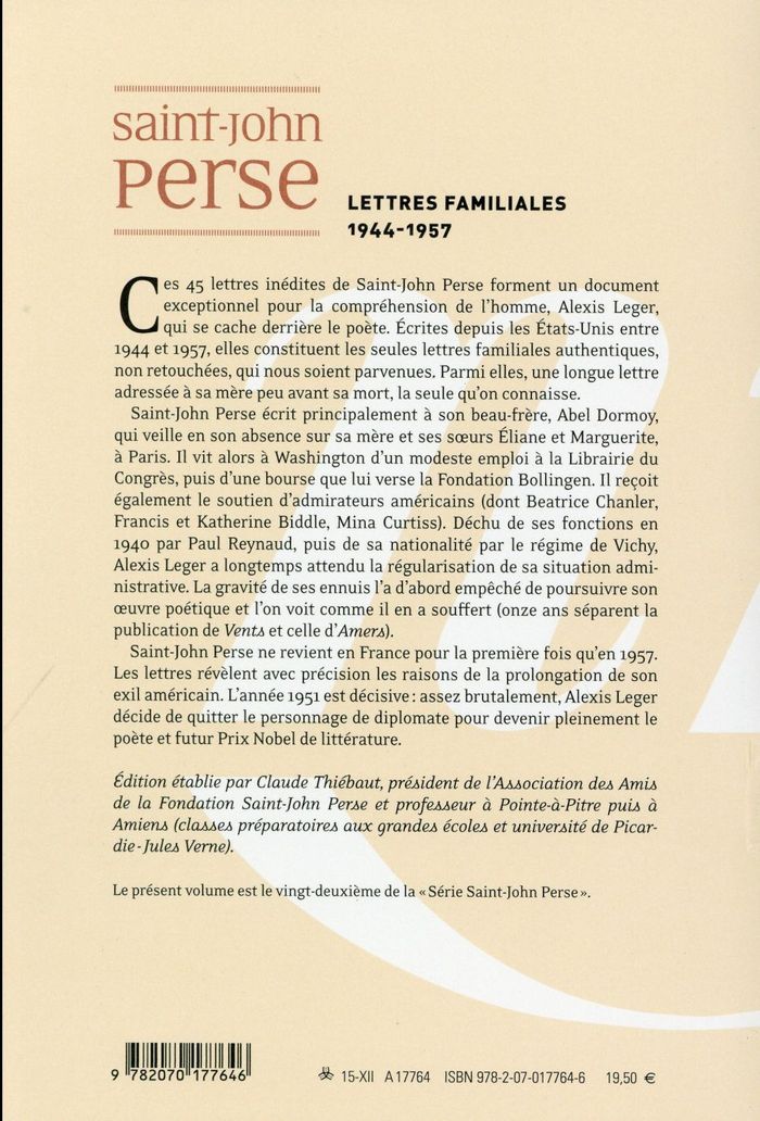 Quatrième de couverture de « LETTRES FAMILIALES - (1944-1957) »