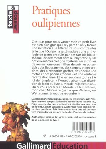 Quatrième de couverture de « PRATIQUES OULIPIENNES »