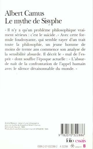 Quatrième de couverture de « LE MYTHE DE SISYPHE - ESSAI SUR L'ABSURDE »