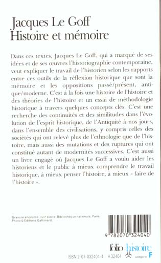 Quatrième de couverture de « HISTOIRE ET MEMOIRE »