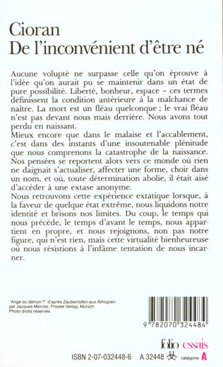 Quatrième de couverture de « DE L'INCONVENIENT D'ETRE NE »