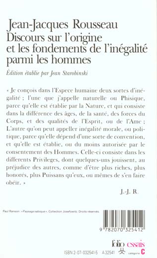 Quatrième de couverture de « DISCOURS SUR L'ORIGINE ET LES FONDEMENTS DE L'INEGALITE PARMI LES HOMMES »