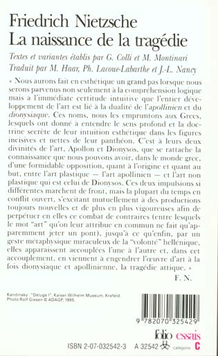 Quatrième de couverture de « OEUVRES PHILOSOPHIQUES COMPLETES - I, 1 - LA NAISSANCE DE LA TRAGEDIE / FRAGMENTS POSTHUMES (AUTOMNE »
