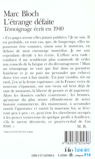 Quatrième de couverture de « L'ETRANGE DEFAITE - TEMOIGNAGE ECRIT EN 1940 »