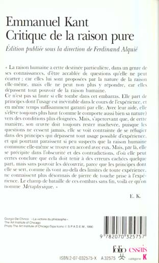 Quatrième de couverture de « CRITIQUE DE LA RAISON PURE »
