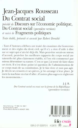 Quatrième de couverture de « DU CONTRAT SOCIAL / FRAGMENTS POLITIQUES / DISCOURS SUR L'ECONOMIE POLITIQUE / DU CONTRAT SOCIAL (PR »