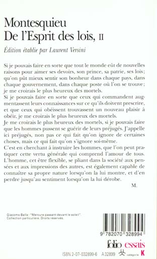 Quatrième de couverture de « DE L'ESPRIT DES LOIS - VOL02 »