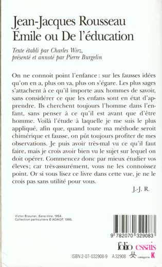 Quatrième de couverture de « EMILE OU DE L'EDUCATION »