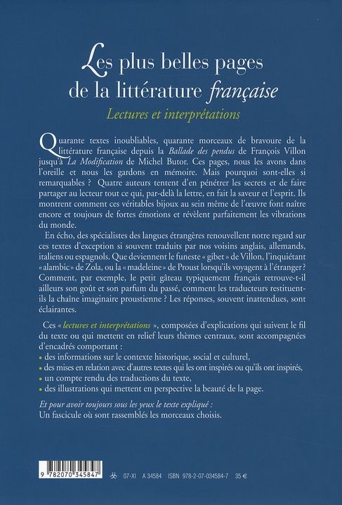 Quatrième de couverture de « LES PLUS BELLES PAGES DE LA LITTERATURE FRANCAISE - LECTURES ET INTERPRETATIONS »