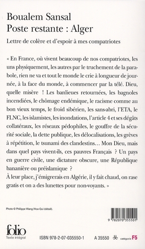 Quatrième de couverture de « Poste restante : Alger »