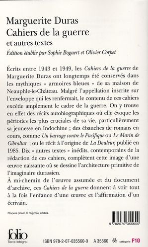 Quatrième de couverture de « Cahiers de la guerre et autres textes »