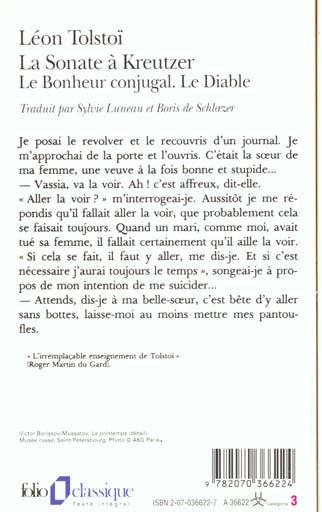 Quatrième de couverture de « LA SONATE A KREUTZER / LE DIABLE / LE BONHEUR CONJUGAL »