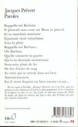 Quatrième de couverture de « PAROLES »