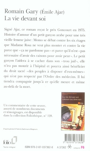 Quatrième de couverture de « LA VIE DEVANT SOI »