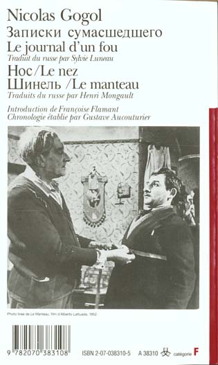 Quatrième de couverture de « LE JOURNAL D'UN FOU - LE NEZ - LE MANTEAU »