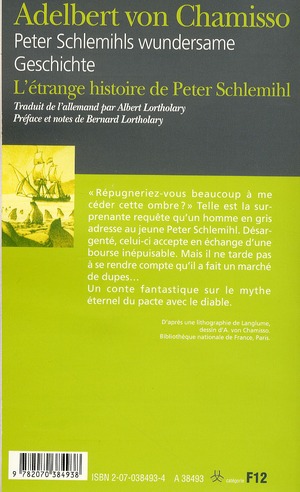 Quatrième de couverture de « L'ETRANGE HISTOIRE DE PETER SCHLEMIHL/PETER SCHLEMIHLS WUNDERSAME GESCHICHTE »