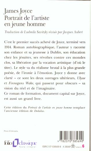Quatrième de couverture de « PORTRAIT DE L'ARTISTE EN JEUNE HOMME / PORTRAIT DE L'ARTISTE (1904) »