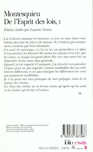 Quatrième de couverture de « DE L'ESPRIT DES LOIS - VOL01 »
