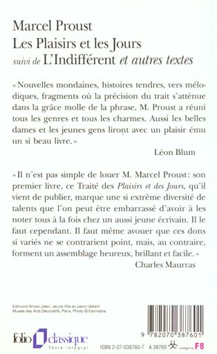 Quatrième de couverture de « LES PLAISIRS ET LES JOURS / L'INDIFFERENT ET AUTRES TEXTES »