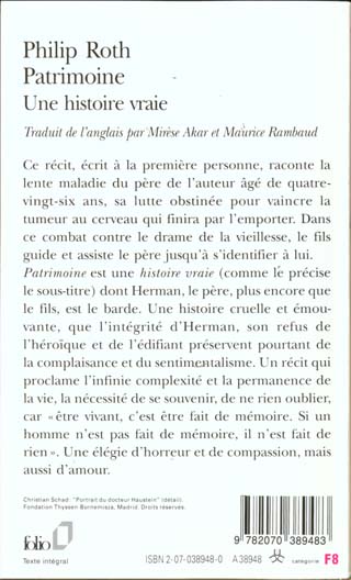Quatrième de couverture de « LES LIVRES DE ROTH - PATRIMOINE - UNE HISTOIRE VRAIE »