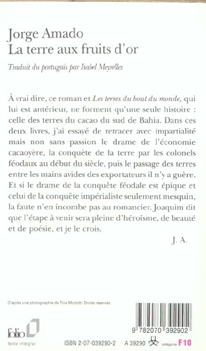 Quatrième de couverture de « LA TERRE AUX FRUITS D'OR »