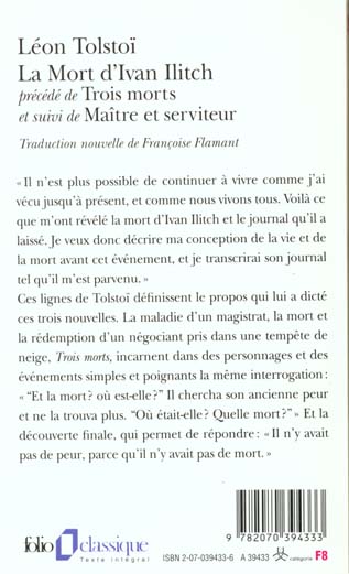 Quatrième de couverture de « LA MORT D'IVAN ILITCH / MAITRE ET SERVITEUR / TROIS MORTS »
