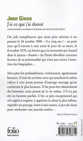 Quatrième de couverture de « J'ai ce que j'ai donné : lettres intimes »