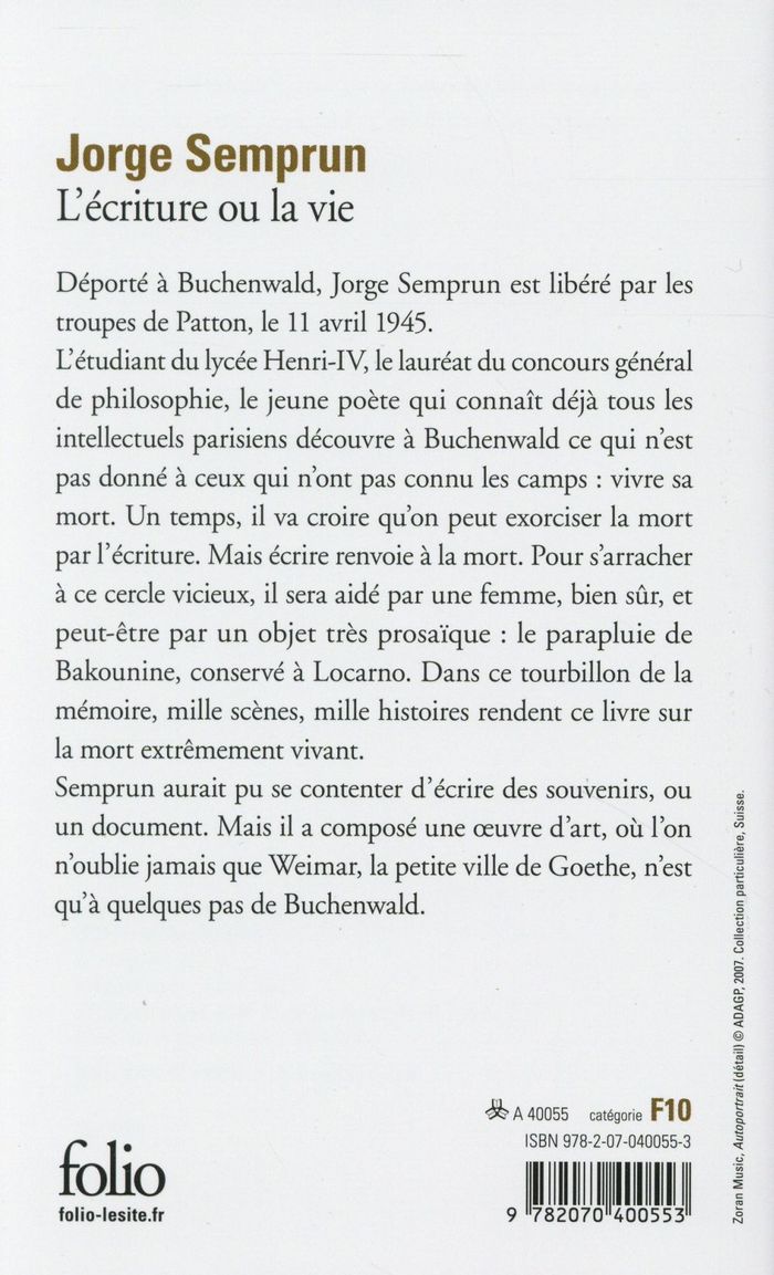 Quatrième de couverture de « L'ECRITURE OU LA VIE »