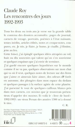 Quatrième de couverture de « LES RENCONTRES DES JOURS - (1992-1993) »