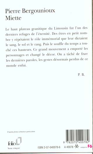 Quatrième de couverture de « MIETTE »