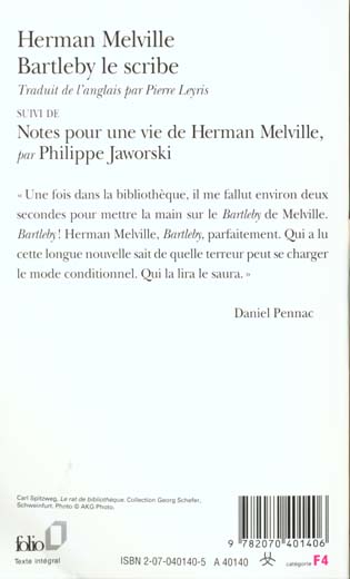 Quatrième de couverture de « BARTLEBY LE SCRIBE »