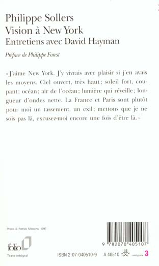Quatrième de couverture de « VISION A NEW YORK - ENTRETIENS AVEC DAVID HAYMAN »