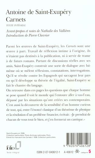 Quatrième de couverture de « CARNETS »
