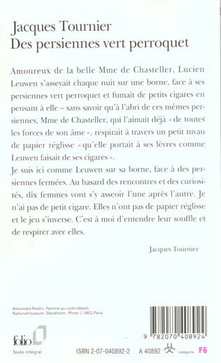 Quatrième de couverture de « DES PERSIENNES VERT PERROQUET »
