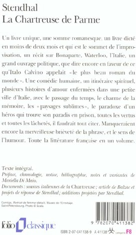 Quatrième de couverture de « LA CHARTREUSE DE PARME »