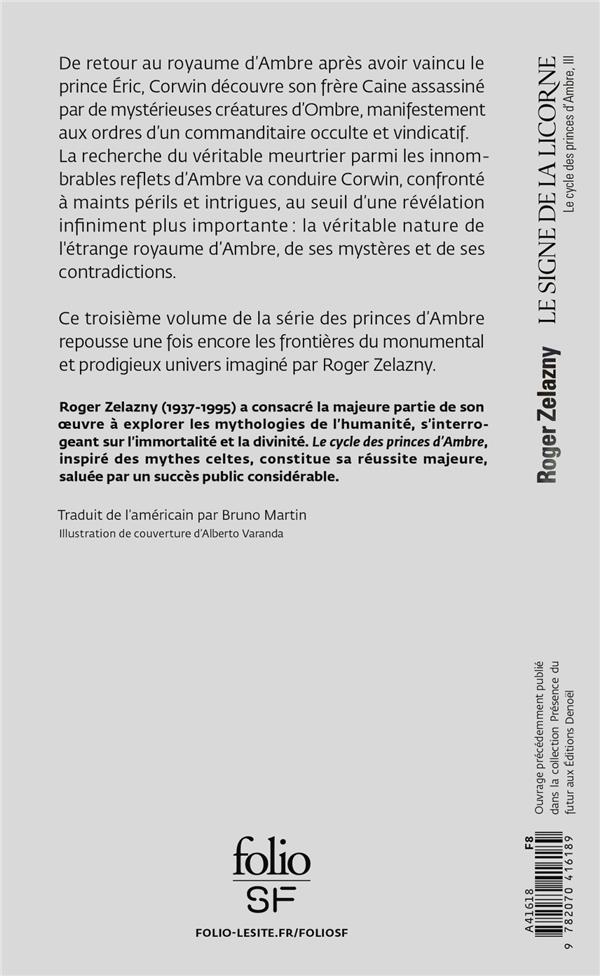 Quatrième de couverture de « LE CYCLE DES PRINCES D'AMBRE - III - LE SIGNE DE LA LICORNE »
